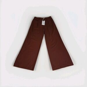 Thinking Mu Coffee Pat Pants Pleat Front Wide Leg Wool Blend Sustainable Sz 36